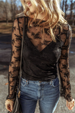 Lace / Mesh slim fit long sleeve blouse (2 piece)