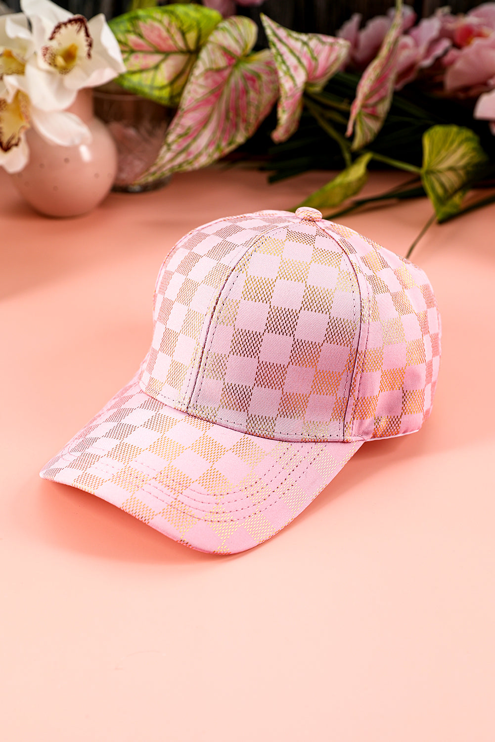 Light Pink and Gold checkered baseball hat