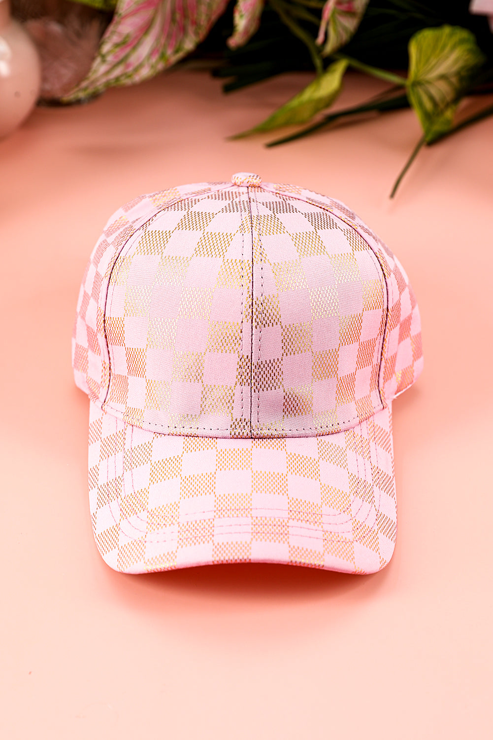 Light Pink and Gold checkered baseball hat