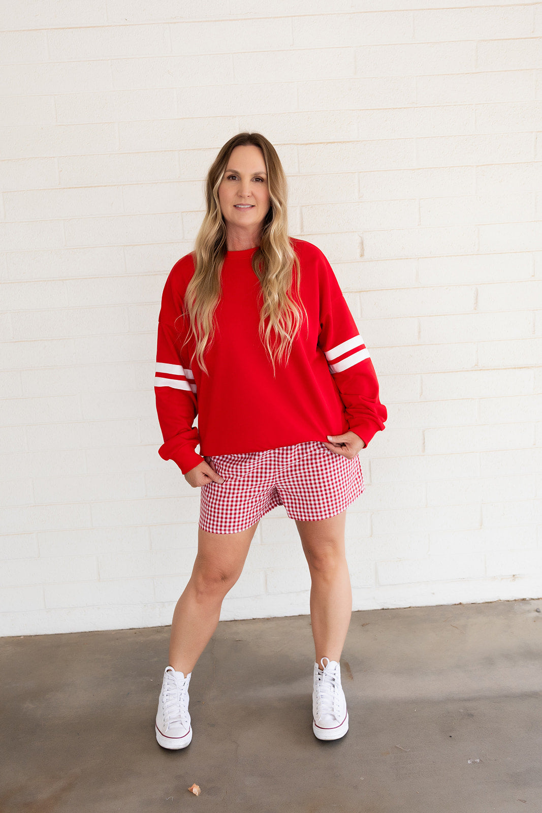Red Oversized Sweatshirt, With White Stripes on Sleeves