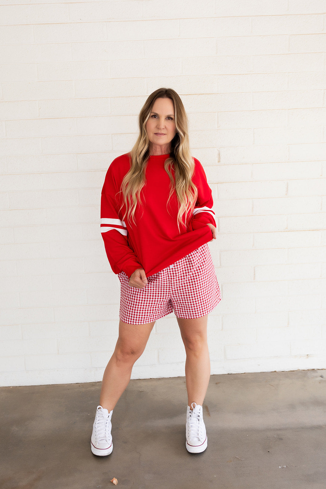 Red Oversized Sweatshirt, With White Stripes on Sleeves