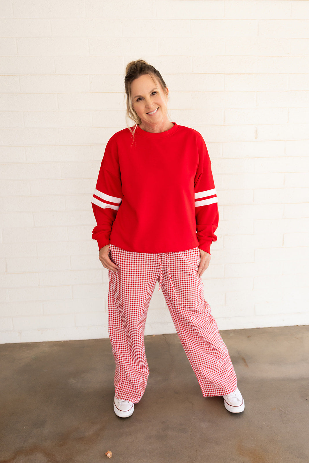 Red Oversized Sweatshirt, With White Stripes on Sleeves