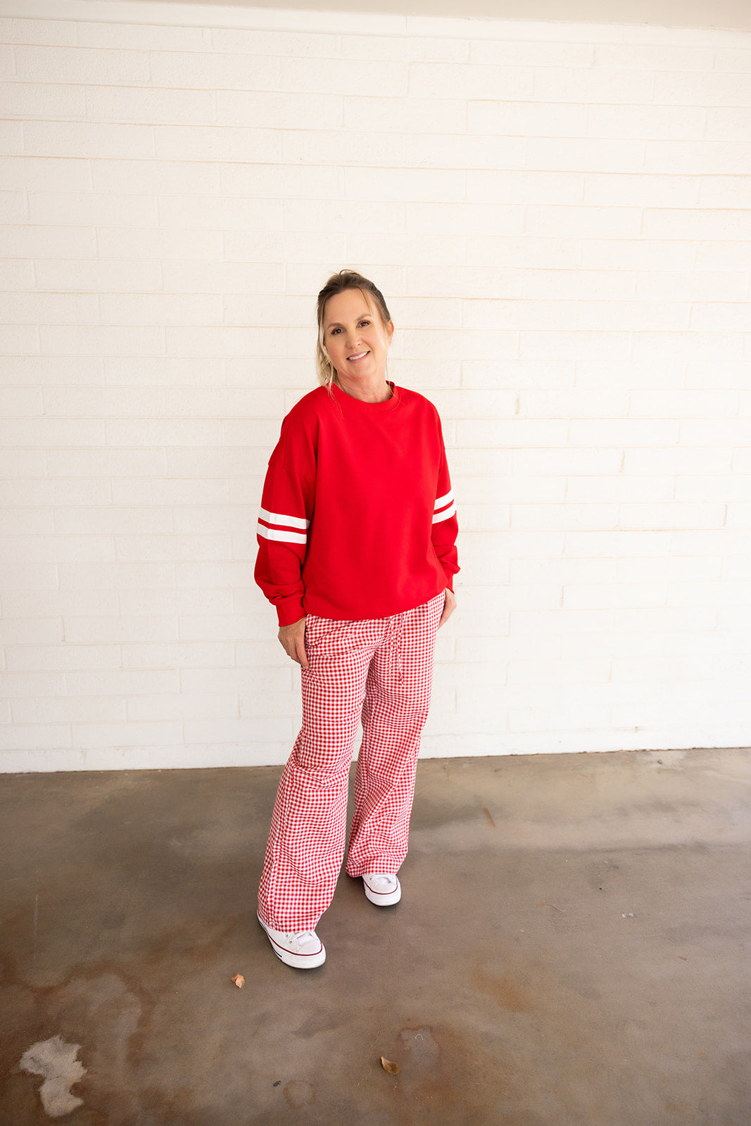 Red Oversized Sweatshirt, With White Stripes on Sleeves