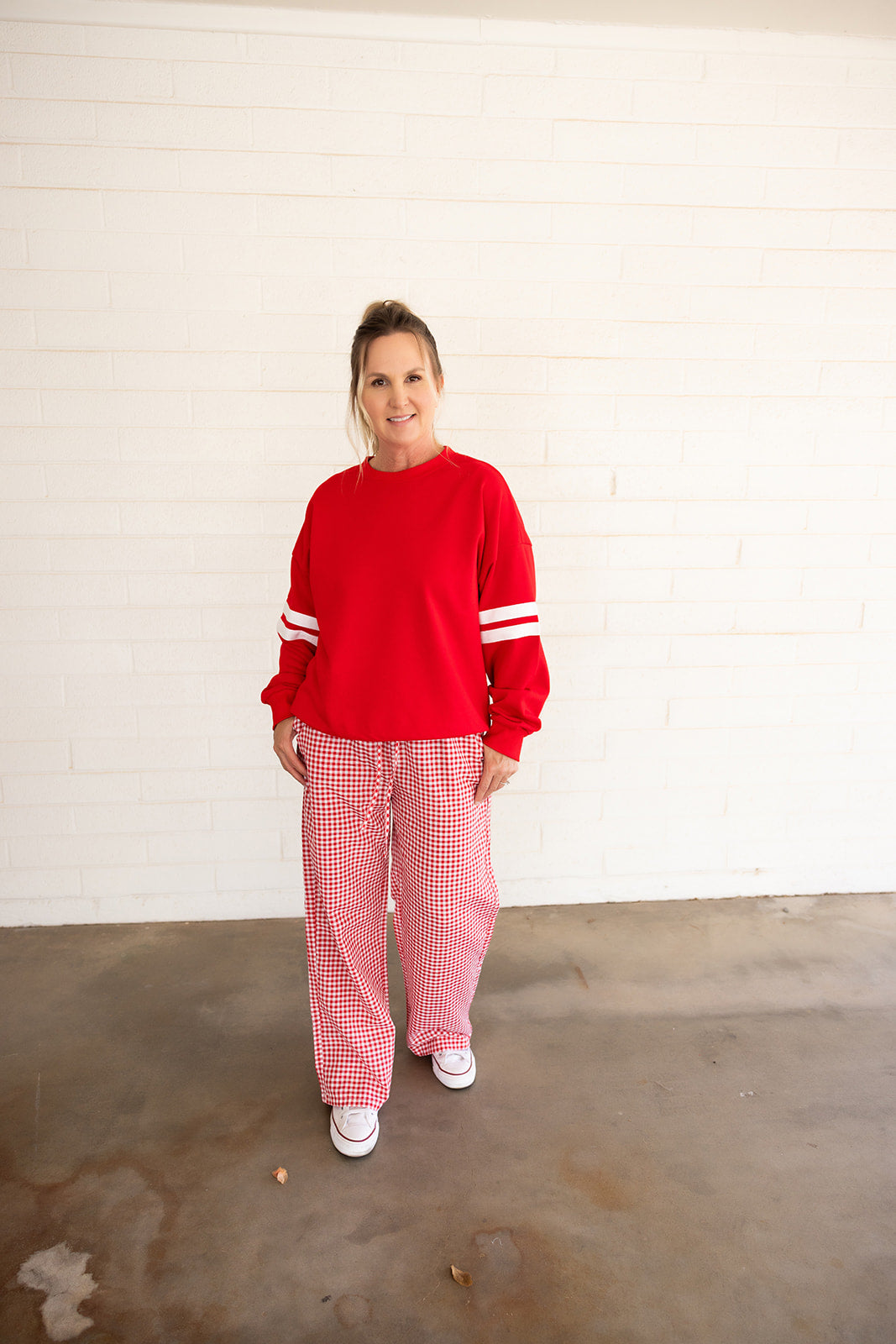 Red Oversized Sweatshirt, With White Stripes on Sleeves