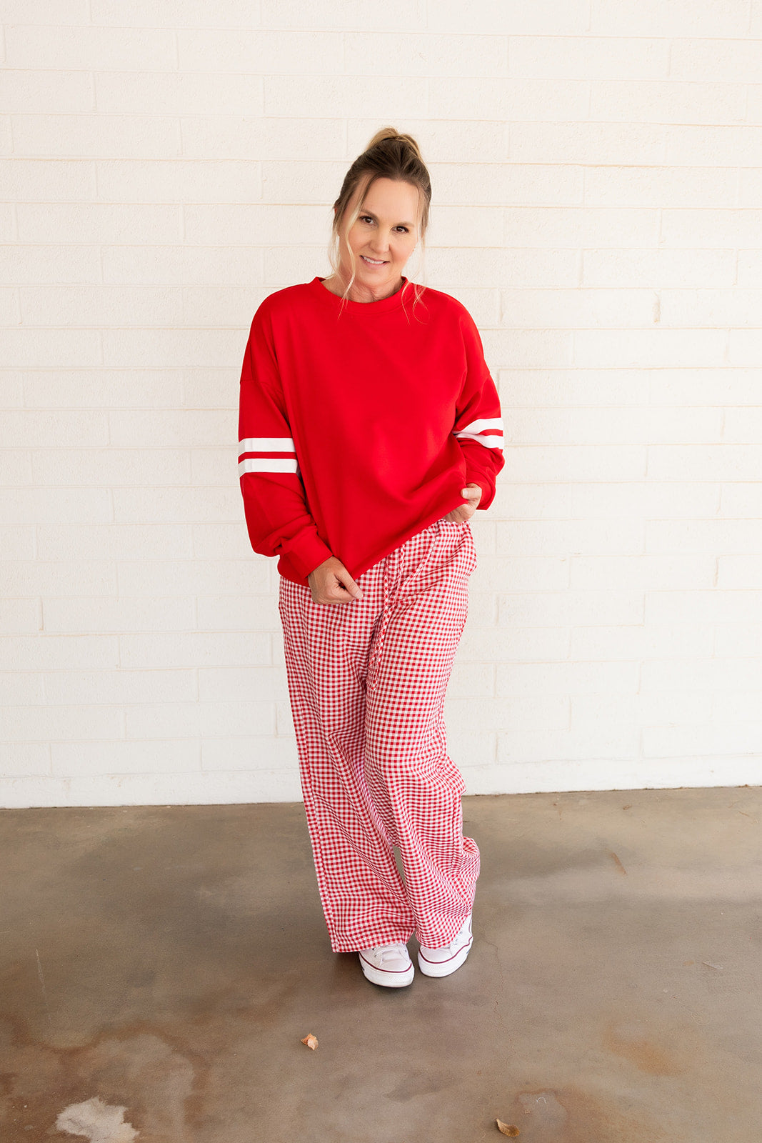 Red Oversized Sweatshirt, With White Stripes on Sleeves