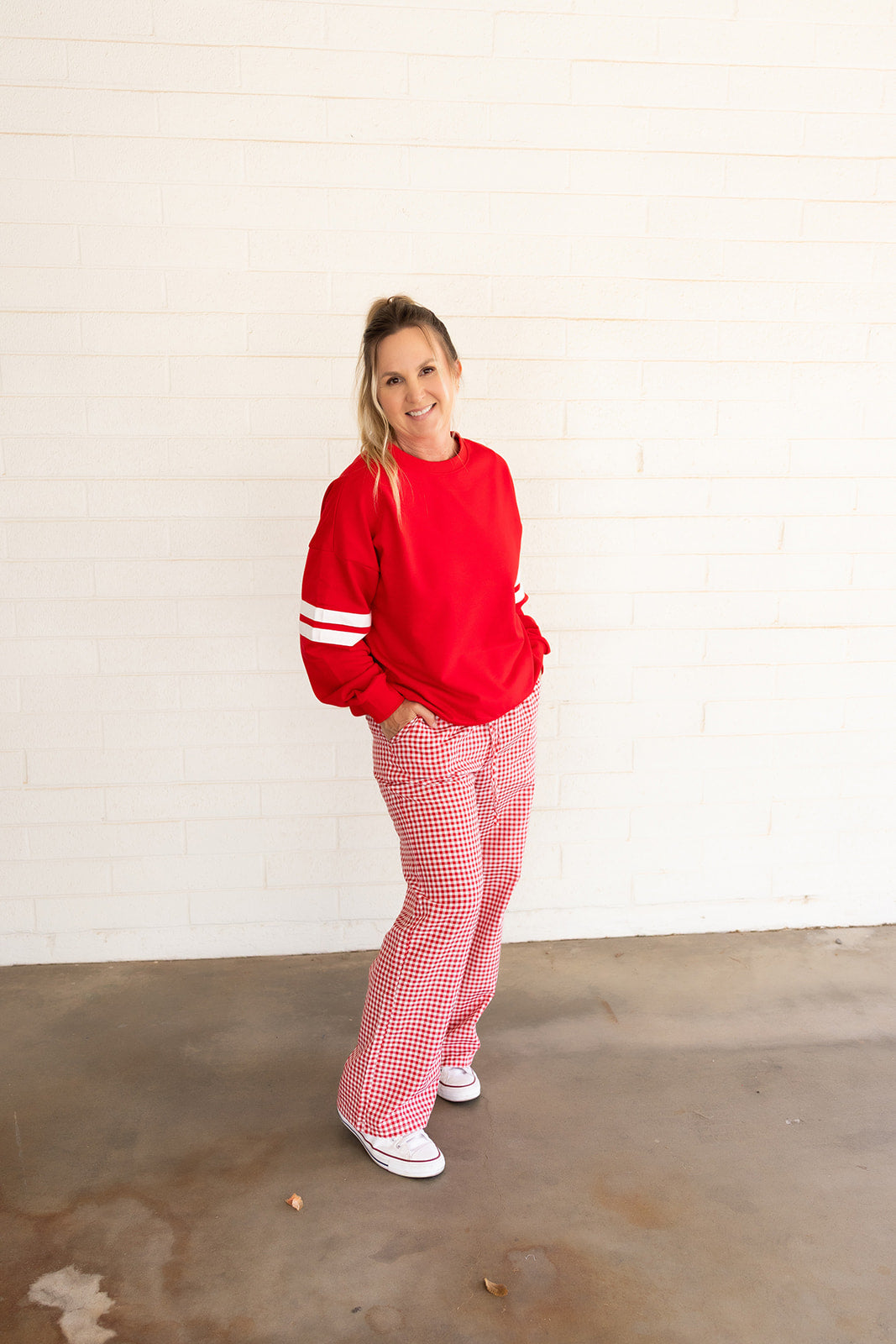 Red Oversized Sweatshirt, With White Stripes on Sleeves