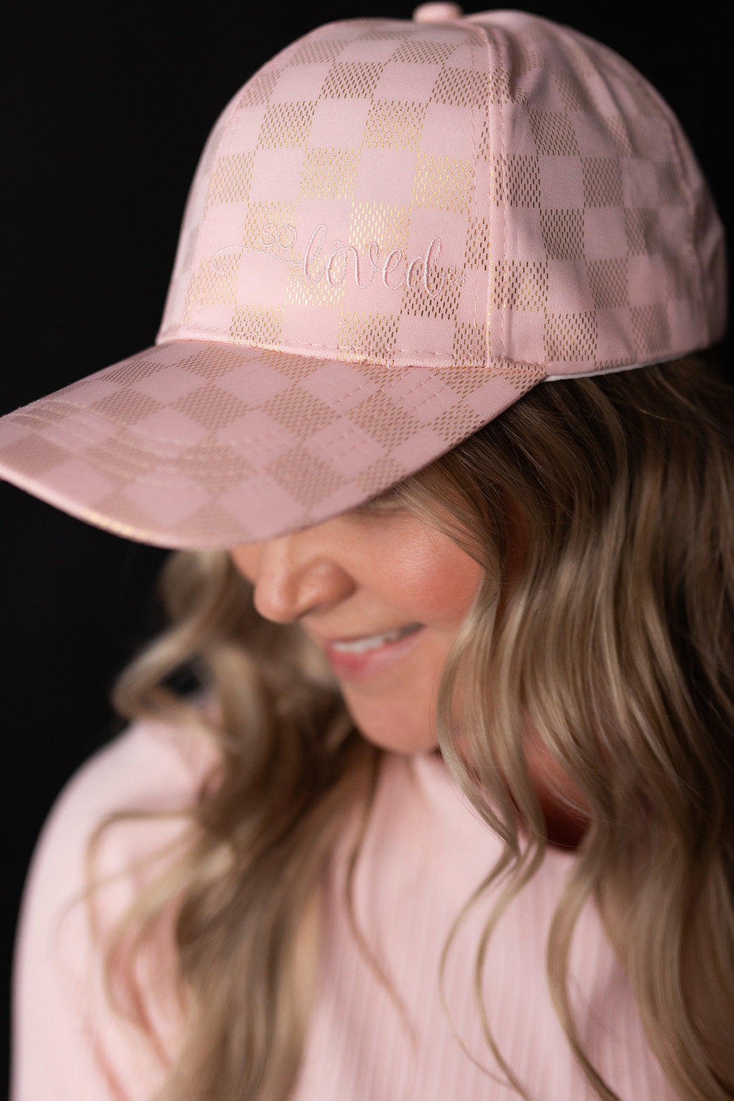 Light Pink and Gold checkered baseball hat