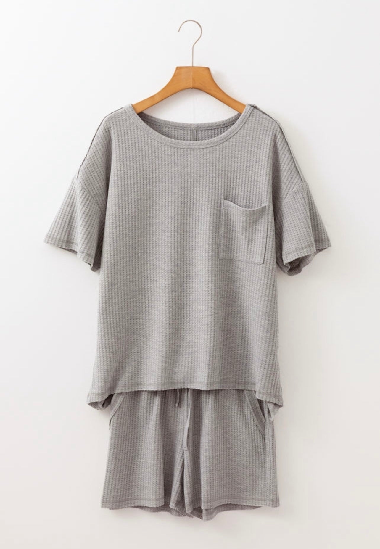 Gray Waffle Knit T Shirt & Shorts lounge set