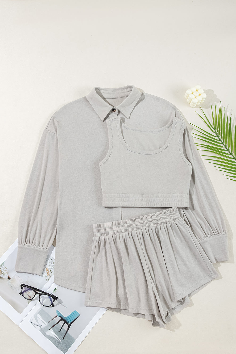 3 piece lounge / pajama set - cardigan, loose shorts, cropped tank
