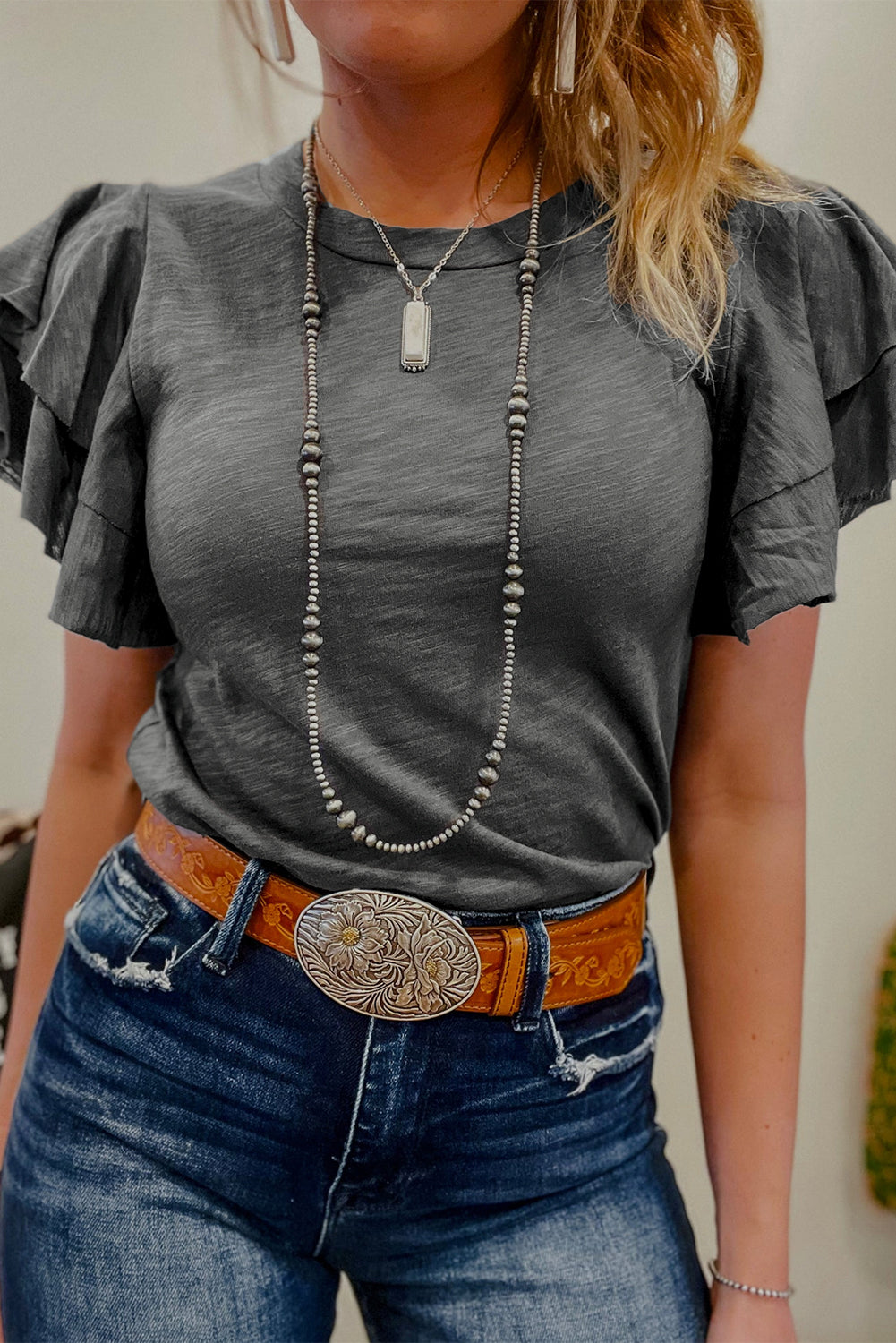 Gray Ruffle sleeve shirt