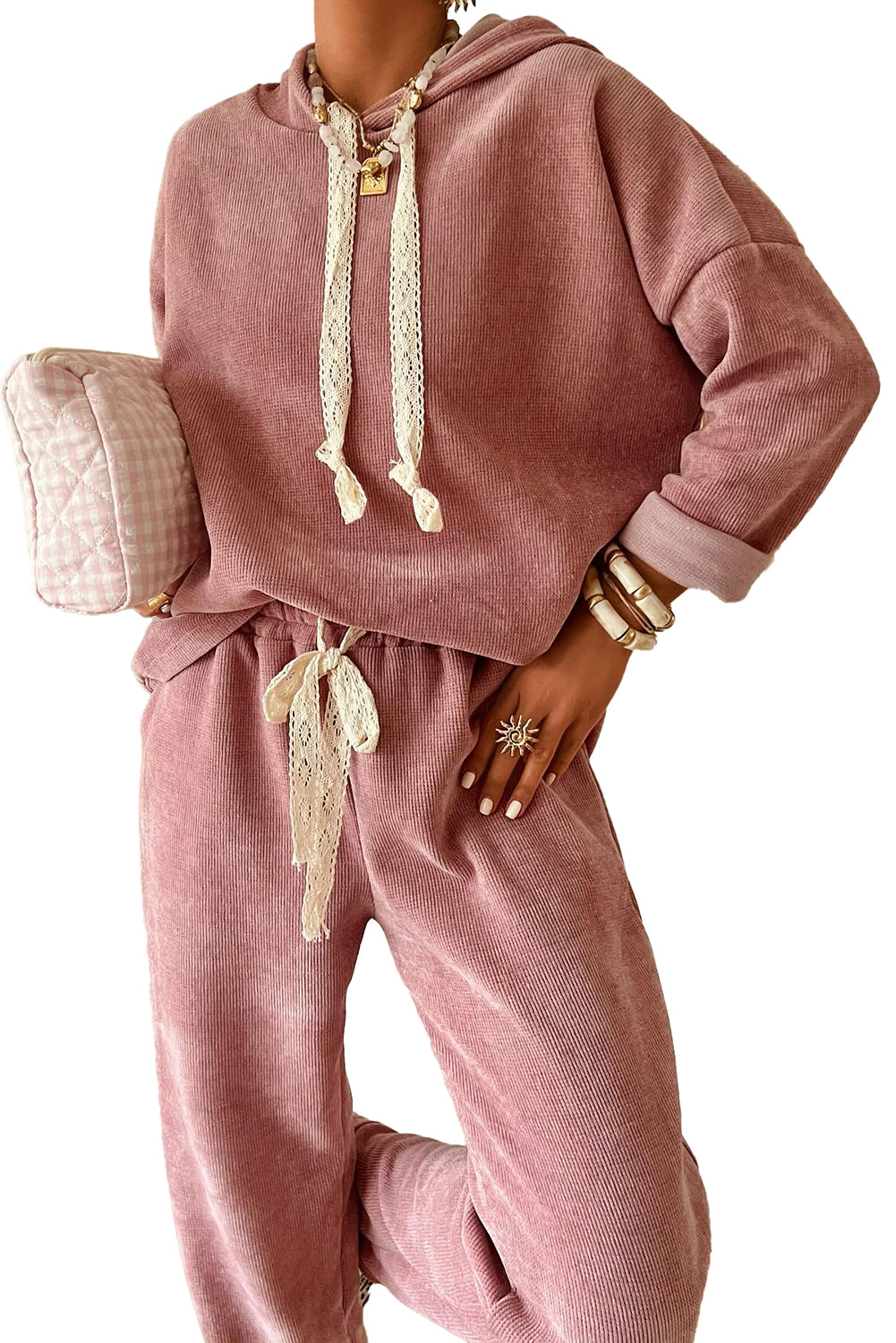 Lace or Leopard Drawstring pullover hoodie / pant set