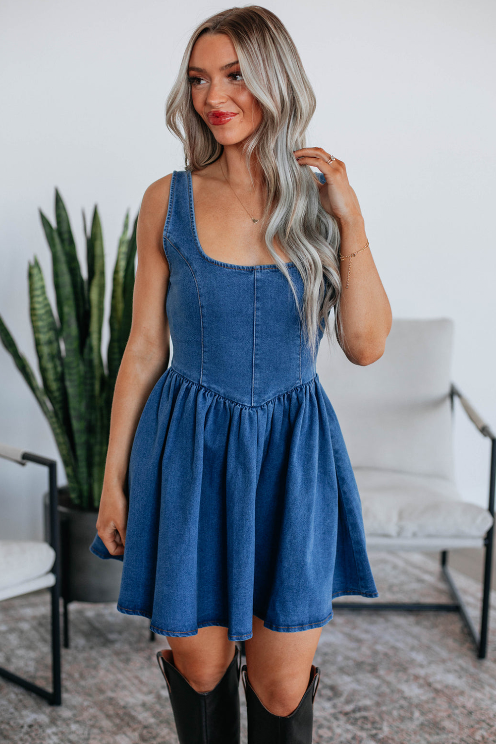 Denim Blue Bowknot A-line dress