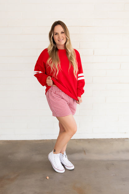 Red Oversized Sweatshirt, With White Stripes on Sleeves