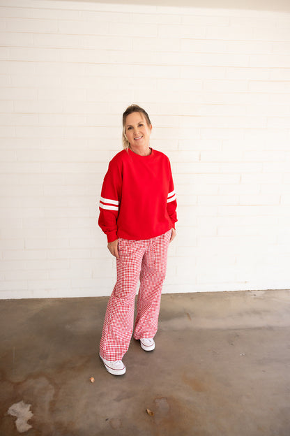 Red Oversized Sweatshirt, With White Stripes on Sleeves