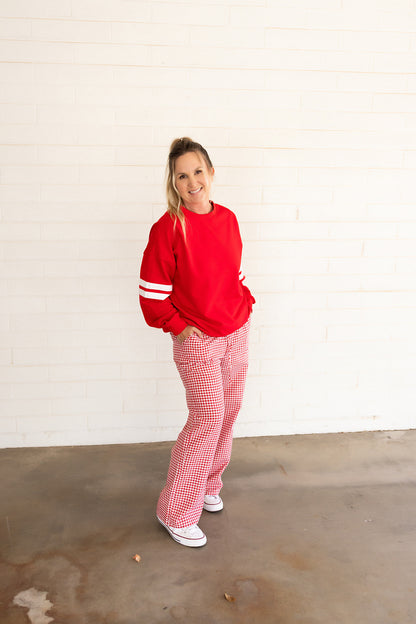 Red Oversized Sweatshirt, With White Stripes on Sleeves