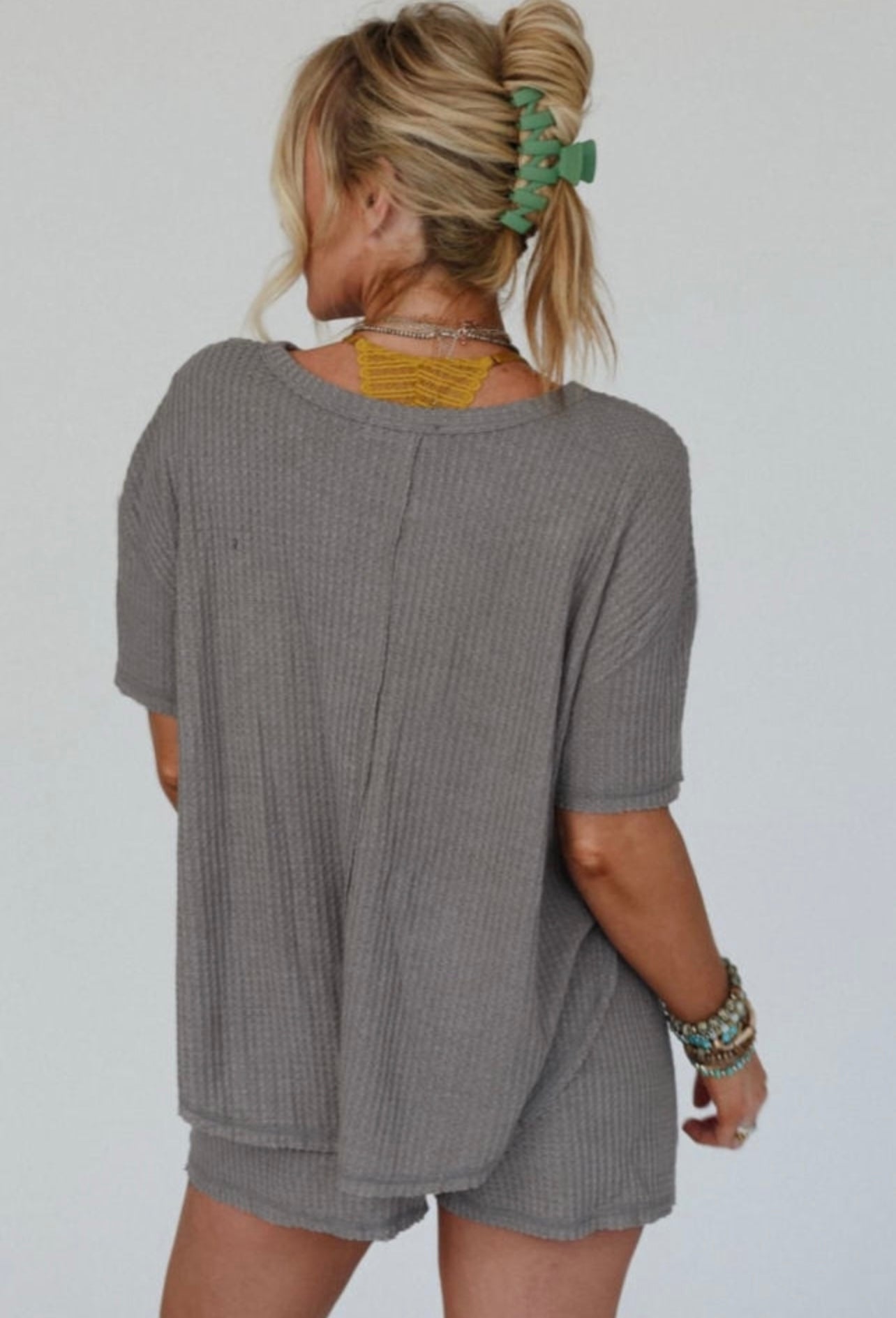 Gray Waffle Knit T Shirt & Shorts lounge set
