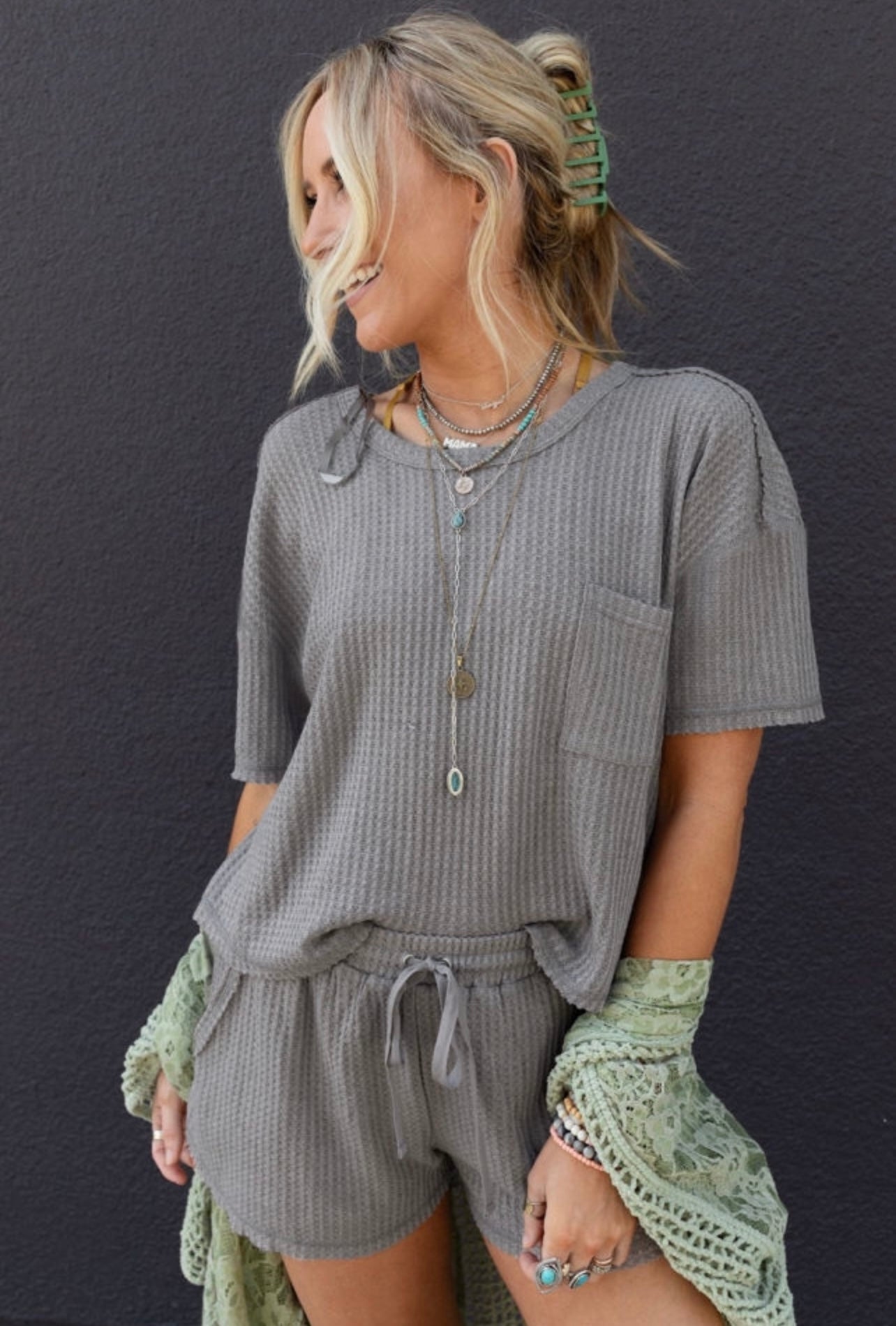 Gray Waffle Knit T Shirt & Shorts lounge set