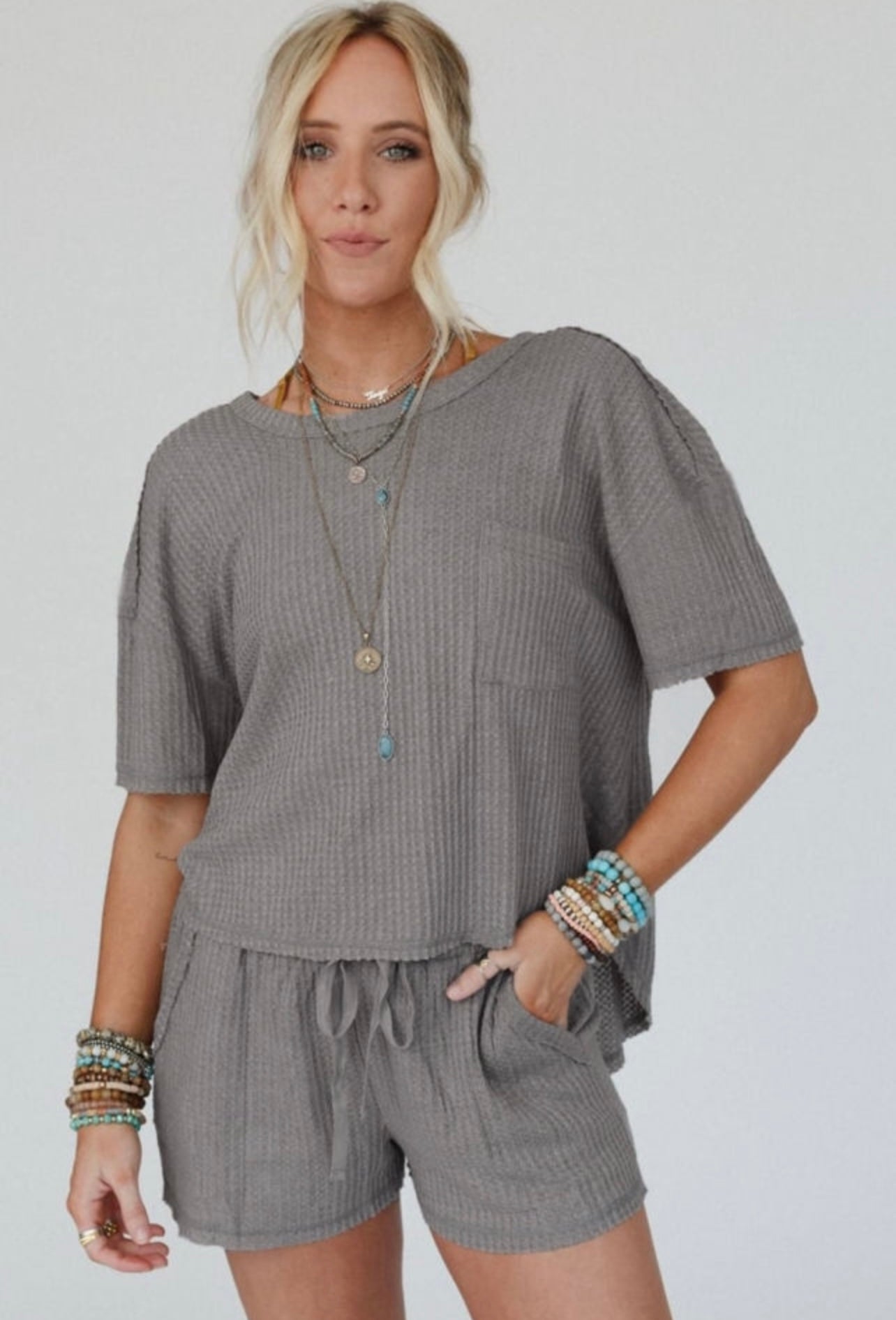 Gray Waffle Knit T Shirt & Shorts lounge set