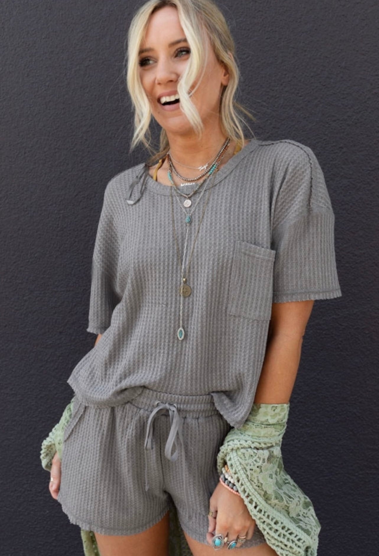 Gray Waffle Knit T Shirt & Shorts lounge set