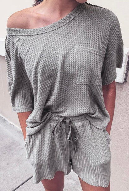 Gray Waffle Knit T Shirt & Shorts lounge set