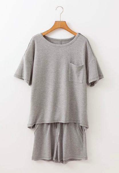 Gray Waffle Knit T Shirt & Shorts lounge set