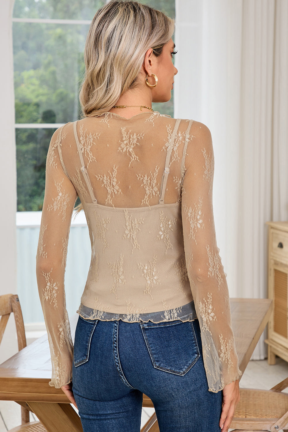 Lace / Mesh slim fit long sleeve blouse (2 piece)