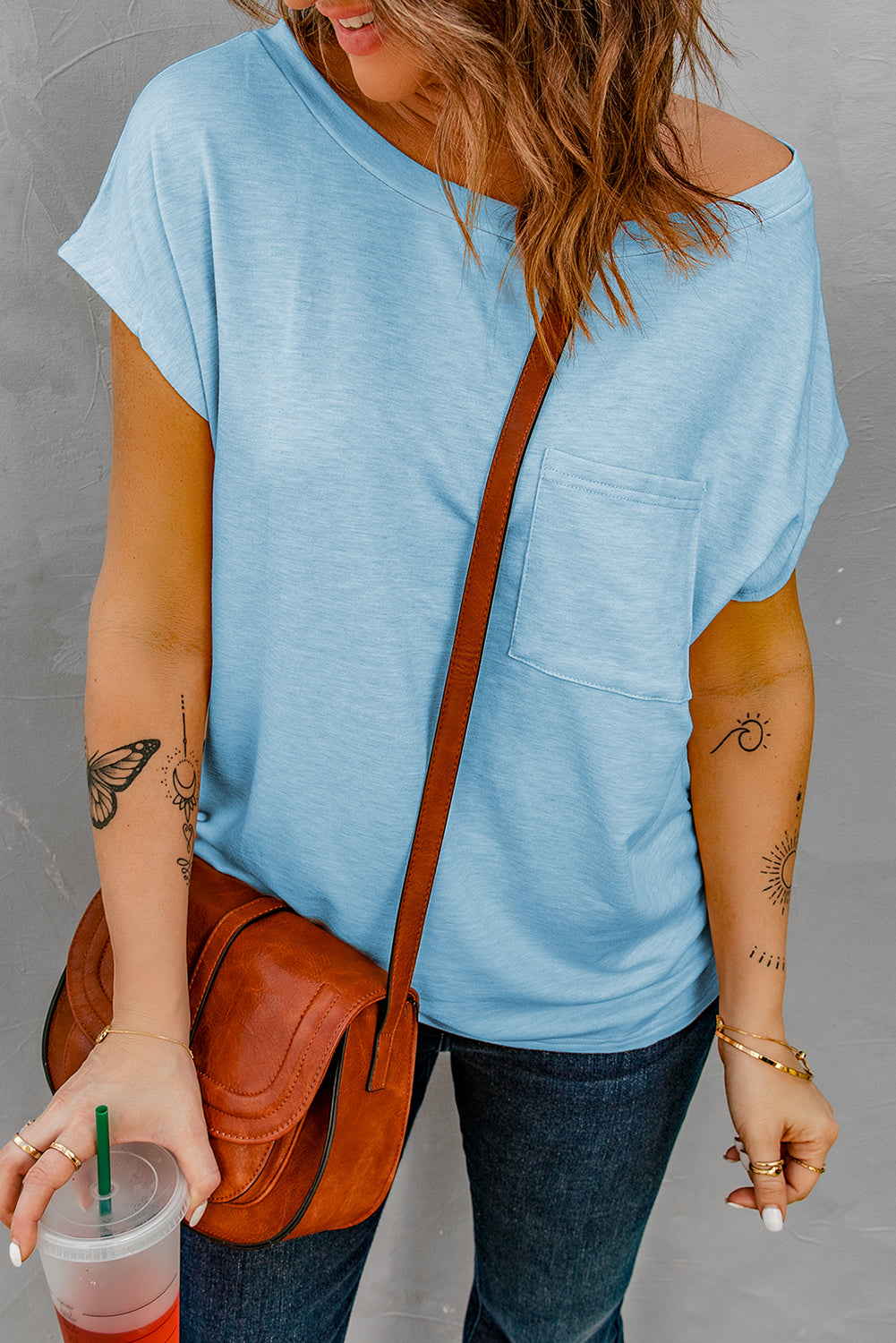 Light Blue, wide neck, basic T with pocket