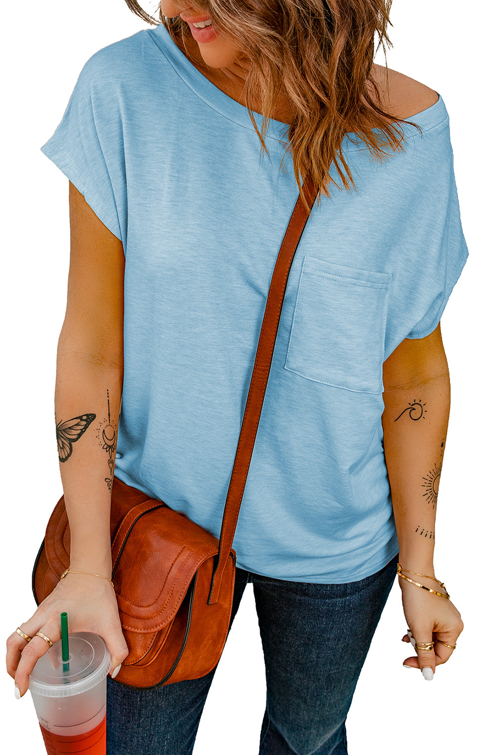 Light Blue, wide neck, basic T with pocket