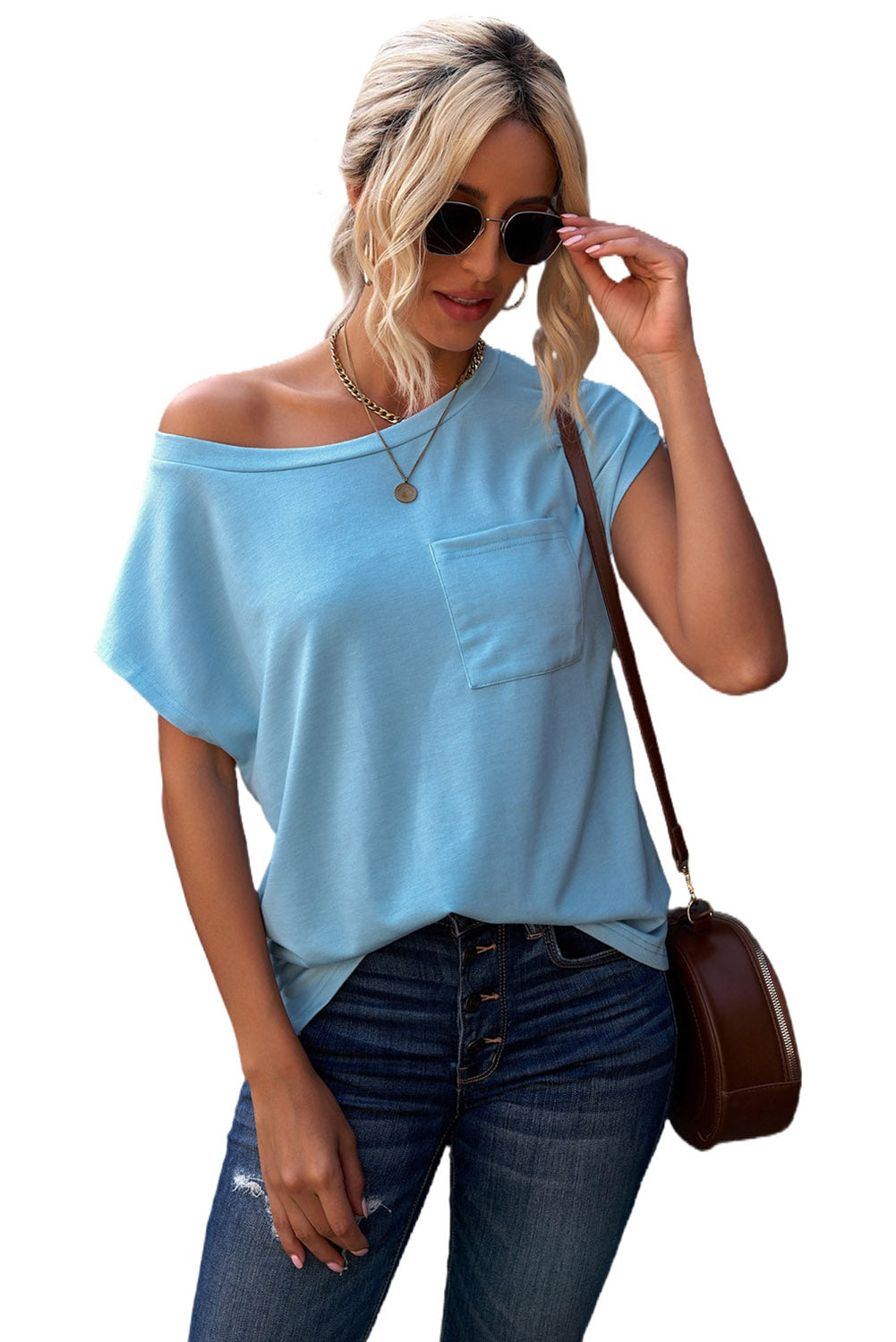 Light Blue, wide neck, basic T with pocket