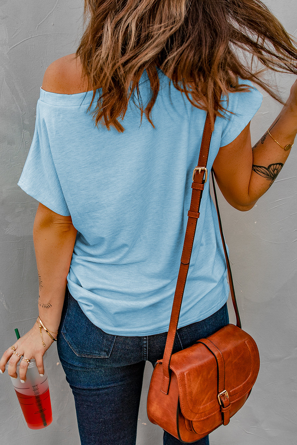 Light Blue, wide neck, basic T with pocket