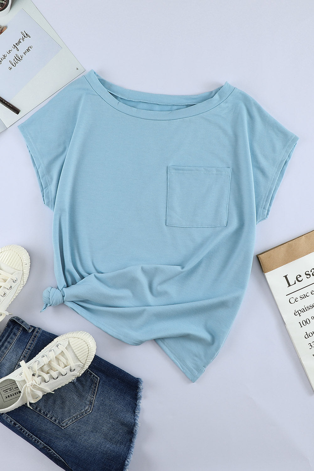Light Blue, wide neck, basic T with pocket
