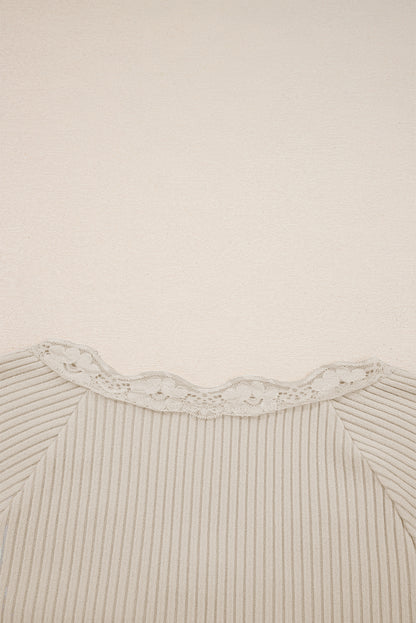 Lace neckline lettuce edge, long sleeve, ribbed shirt