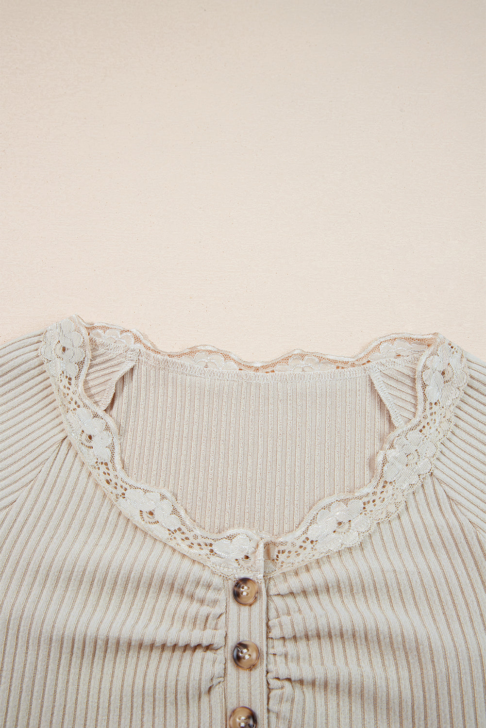 Lace neckline lettuce edge, long sleeve, ribbed shirt
