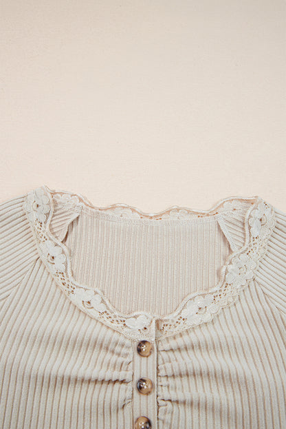 Lace neckline lettuce edge, long sleeve, ribbed shirt