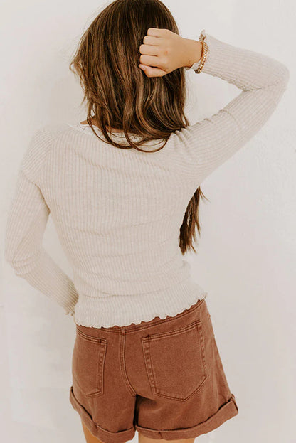 Lace neckline lettuce edge, long sleeve, ribbed shirt
