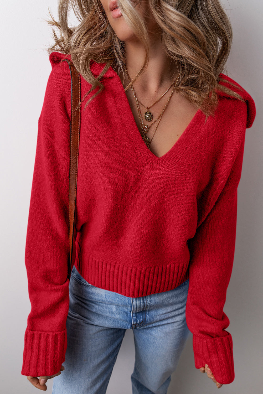 Red Ribbed Edge, Collared V Neck Sweater