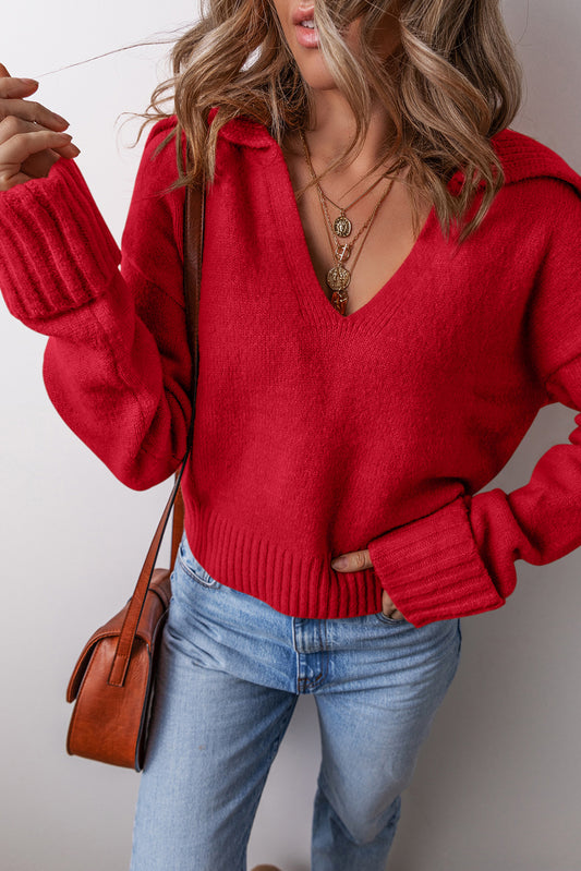 Red Ribbed Edge, Collared V Neck Sweater