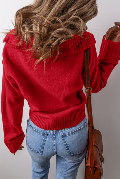 Red Ribbed Edge, Collared V Neck Sweater