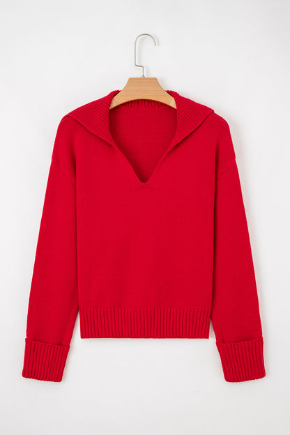 Red Ribbed Edge, Collared V Neck Sweater