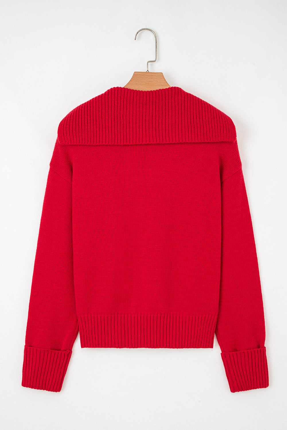 Red Ribbed Edge, Collared V Neck Sweater
