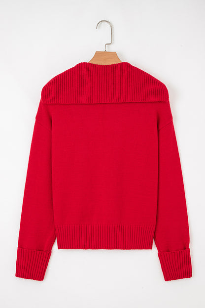 Red Ribbed Edge, Collared V Neck Sweater