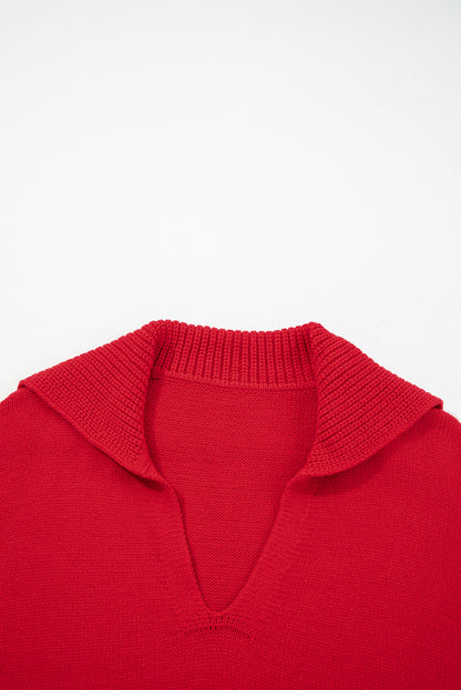 Red Ribbed Edge, Collared V Neck Sweater
