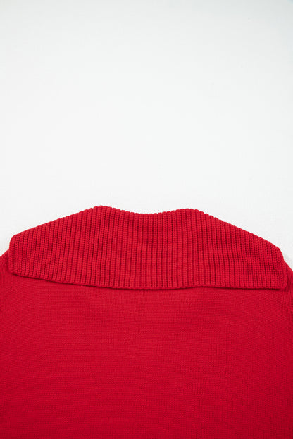 Red Ribbed Edge, Collared V Neck Sweater