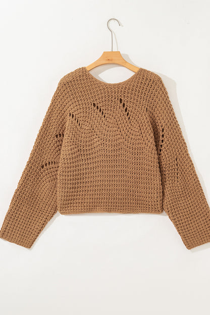 Camel wide sleeve, loose pullover sweater, hollowed detail