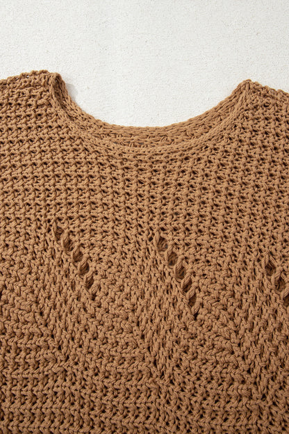 Camel wide sleeve, loose pullover sweater, hollowed detail