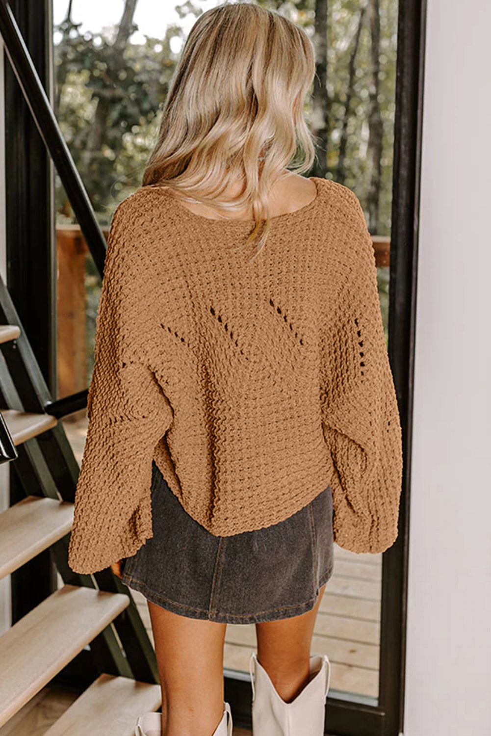 Camel wide sleeve, loose pullover sweater, hollowed detail