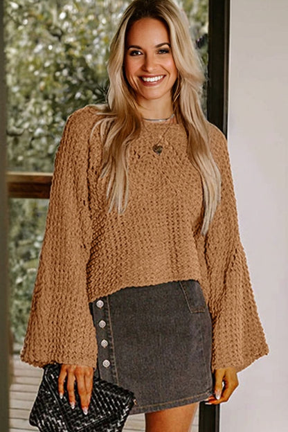 Camel wide sleeve, loose pullover sweater, hollowed detail