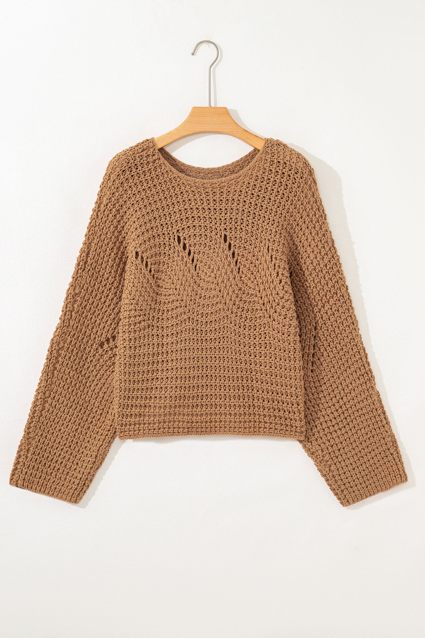 Camel wide sleeve, loose pullover sweater, hollowed detail