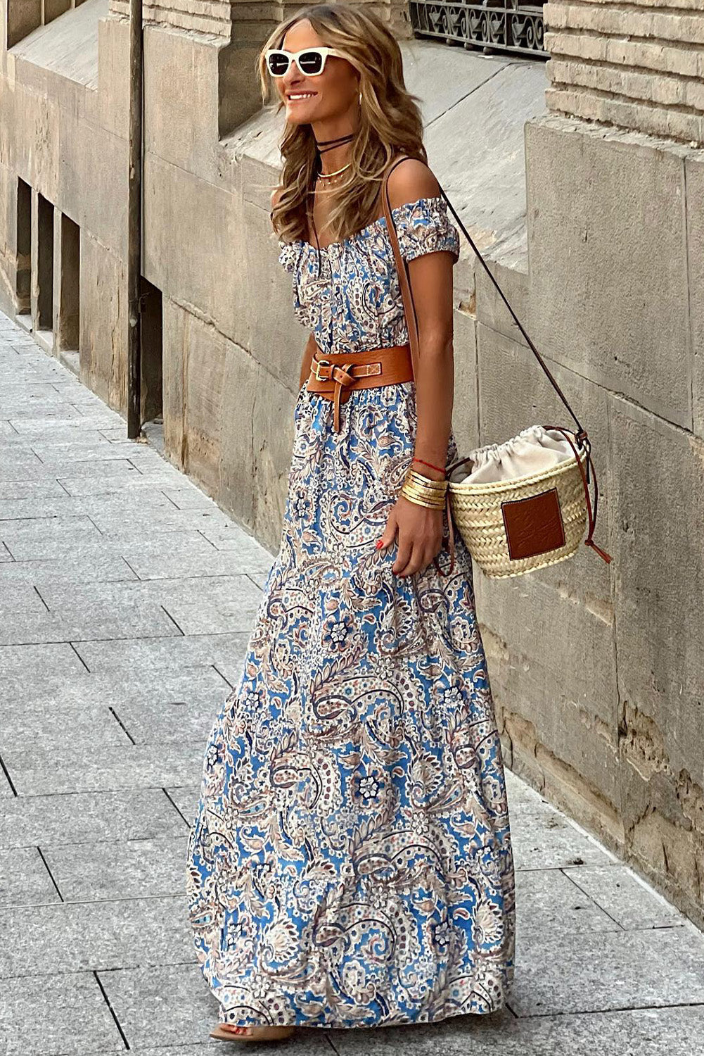 Off the shoulder maxi dress, blue and brown paisley