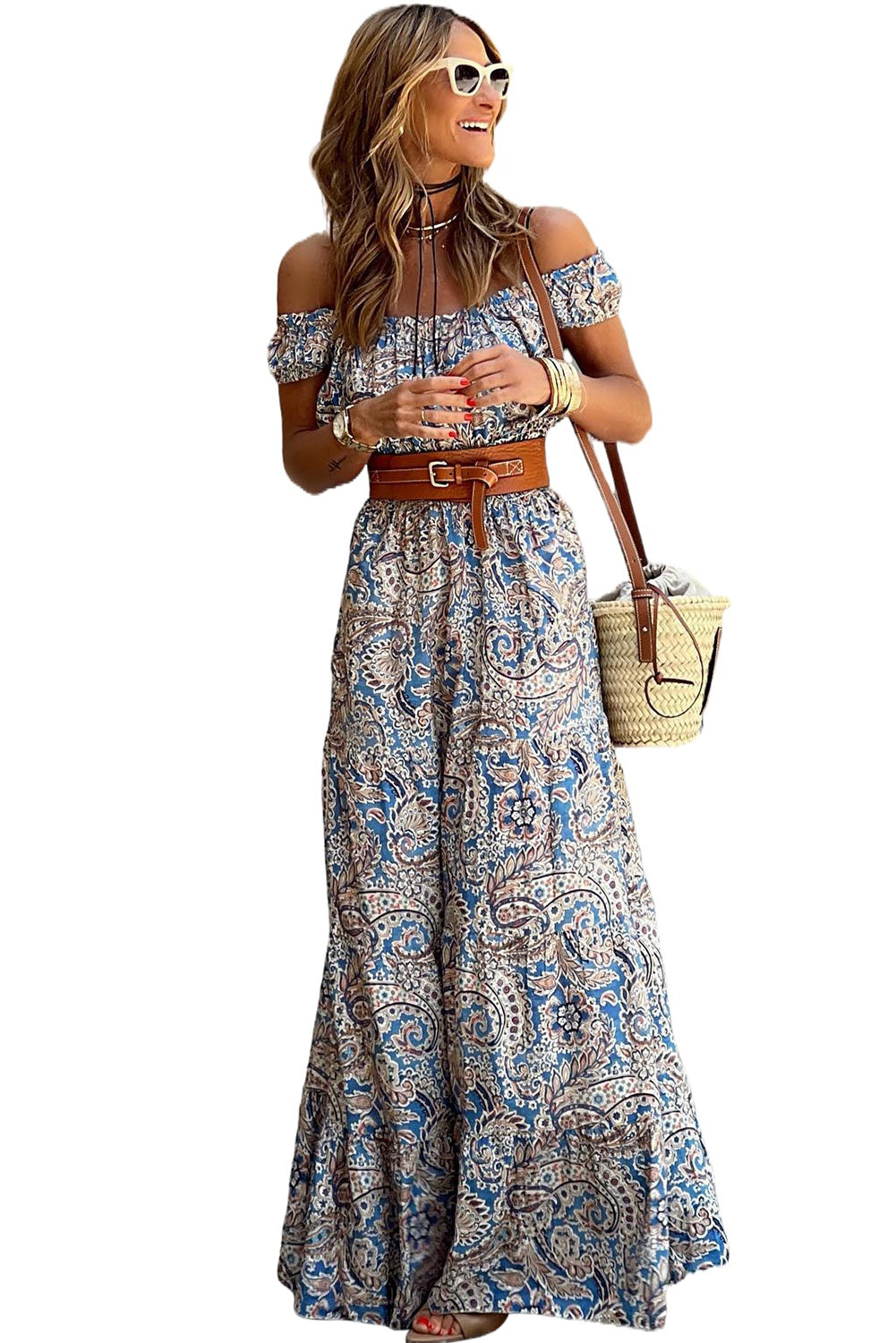 Off the shoulder maxi dress, blue and brown paisley